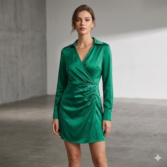 Cider Dresses & Skirts - Emerald Green Wrap Satin Dress